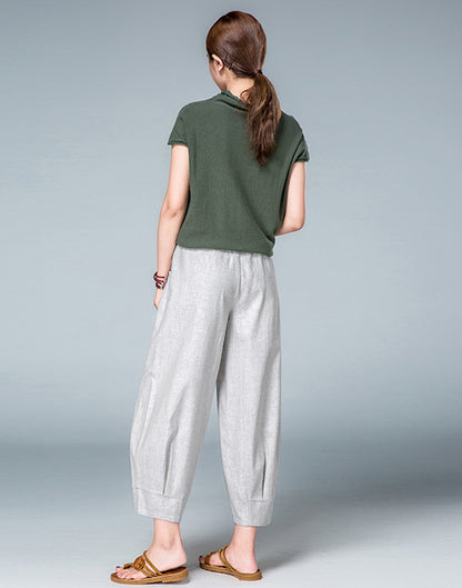 Gray Linen Cotton Casual Pants - Elastic Waist, Above Ankle Fit 2602