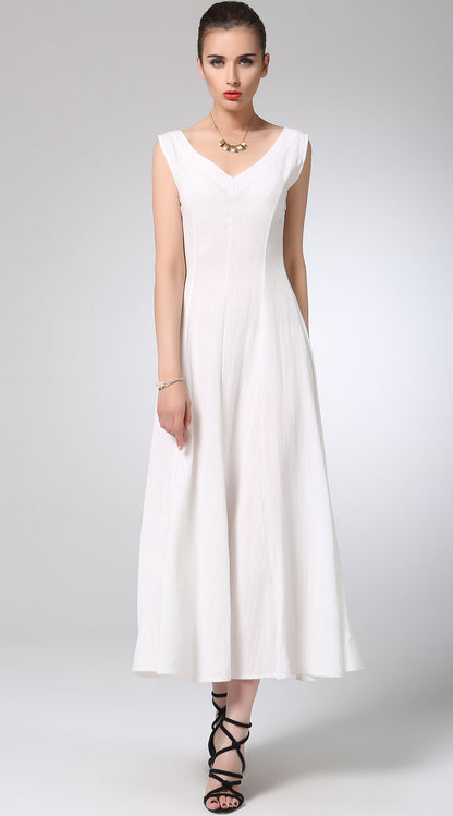 White Linen Maxi Dress - Flowy Sleeveless V-Neck 1232