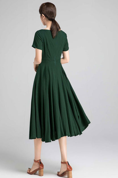 Minimalist Linen Blend Midi Dress – Elegant Fit and Flare Summer Dress  971