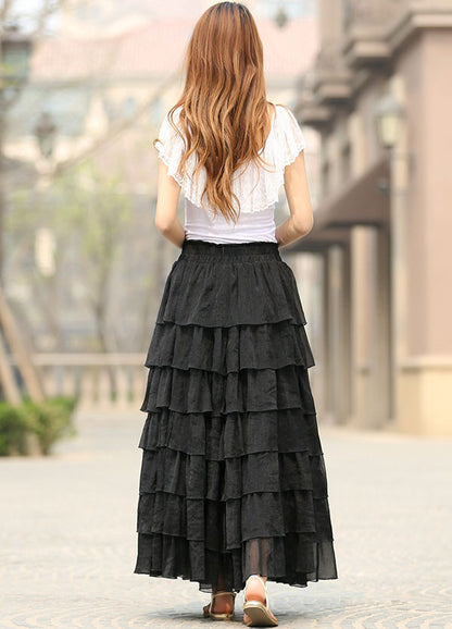Black Chiffon Maxi Skirt - Tiered Ruffle Detail with Elastic Waist 939