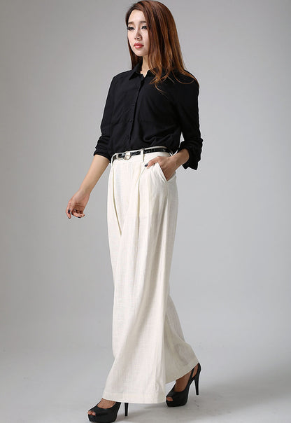 White Linen Cotton Palazzo Pants - Wide Leg Ankle | Xiaolizi 0916