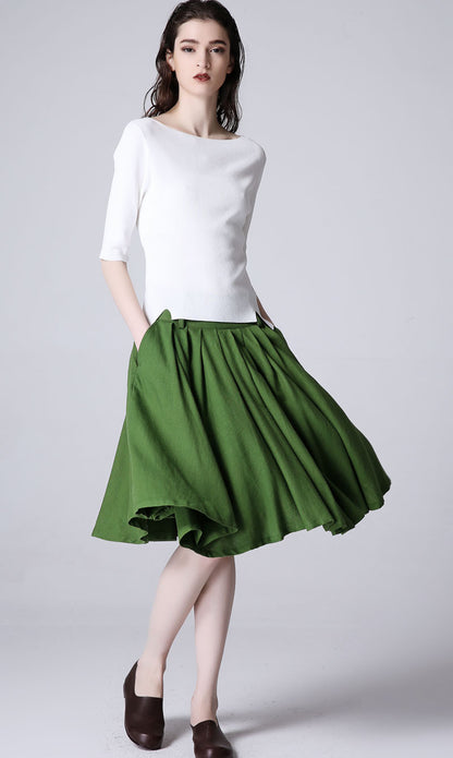 Green Linen Blend Pleated Midi Skirt - Flowy Silhouette 1188