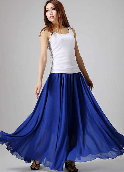 Navy Chiffon Maxi Skirt - Flowing Ruffle Waist 861