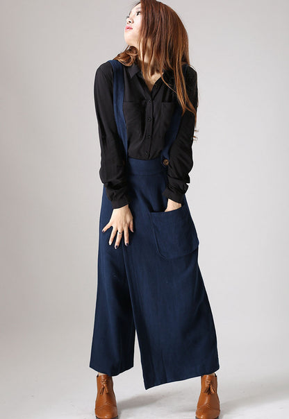 Blue Linen Wide Leg Trousers - Suspender Detail 841