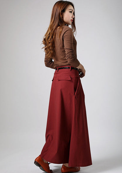 Red Linen Blend Maxi Skirt - Pleated Waist with Flap Pockets 901