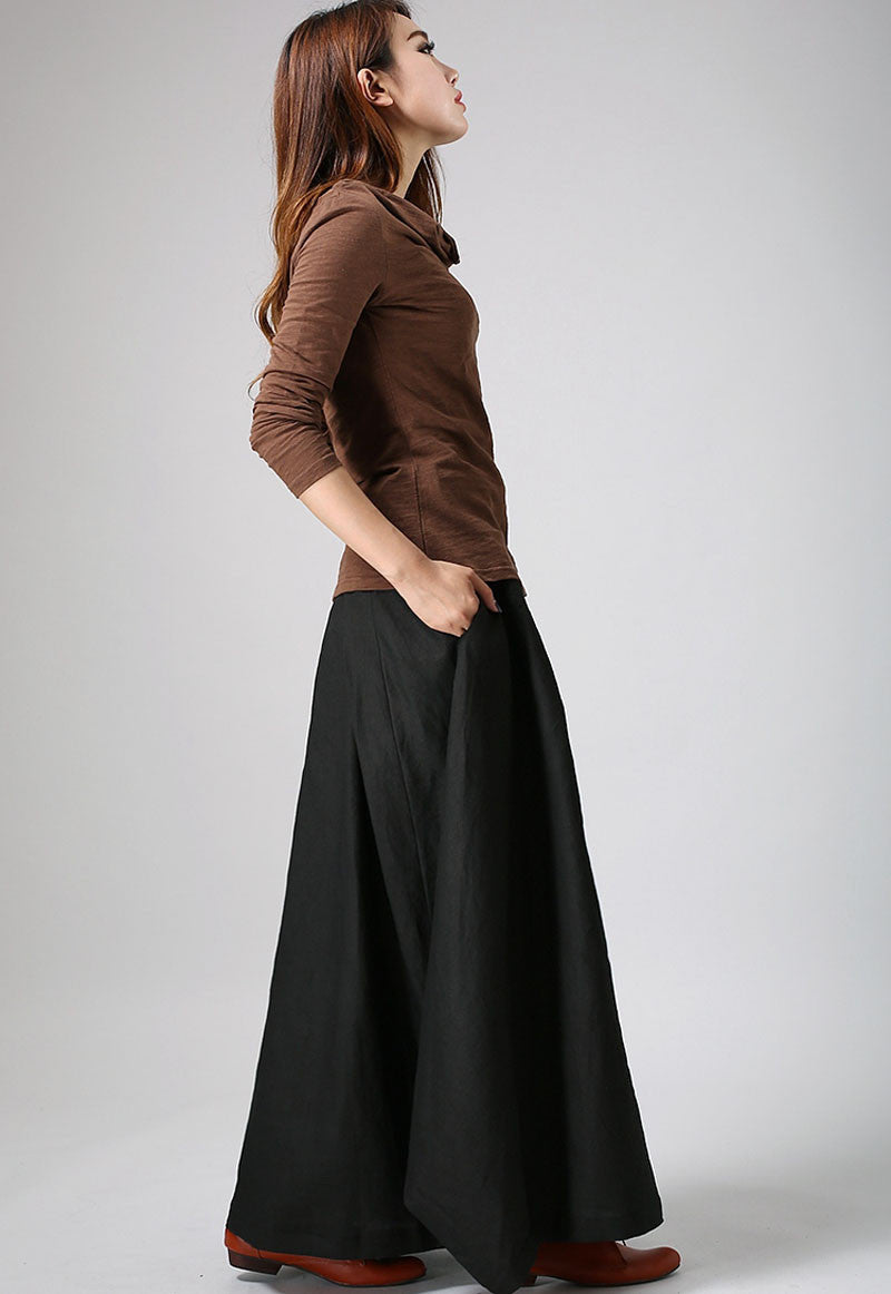 Woman maxi slong linen skirt in Black 0902#