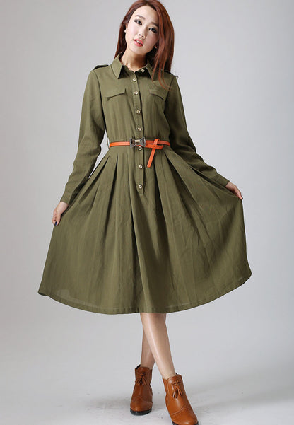 Army Green Linen Midi Dress - Button Closure with Tie Waist 797