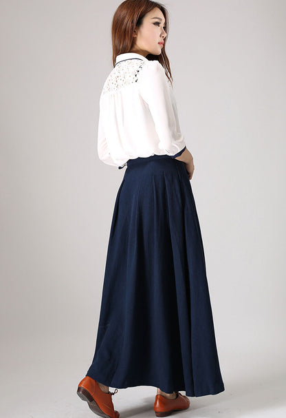 Classic A-Line Navy Linen Skirt – High Waist Maxi Silhouette – 855