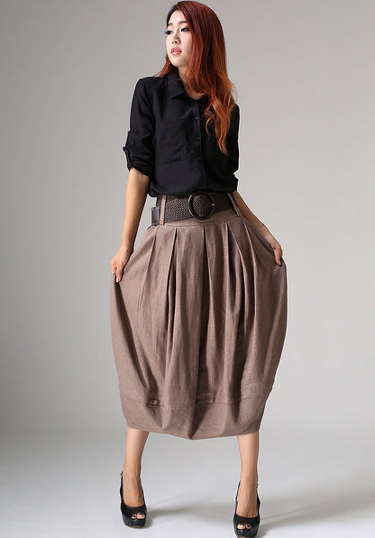 Linen Pleated Bubble Skirt – Vintage Inspired Midi Skirt with Waistband 1032