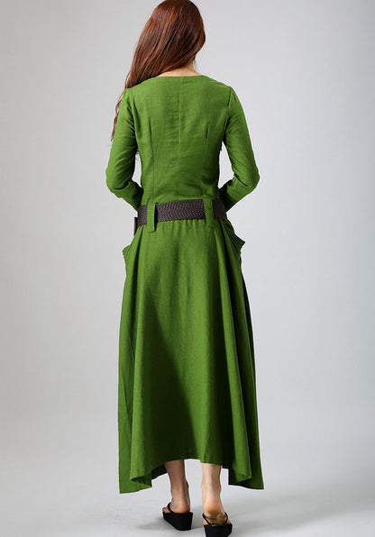 Leaf Green Linen Cotton Blend Maxi Dress - Buttoned Neckline and Pockets 784
