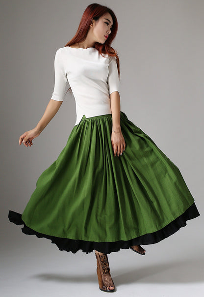 Feminine Linen Maxi Skirt Forest Green – High-Waisted A-Line – 1037