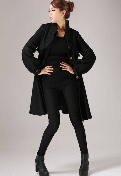 Vintage Wool Coat for Women – Handmade Black A-Line Winter Coat with Ruffle Shoulders | Xiaolizi 0775