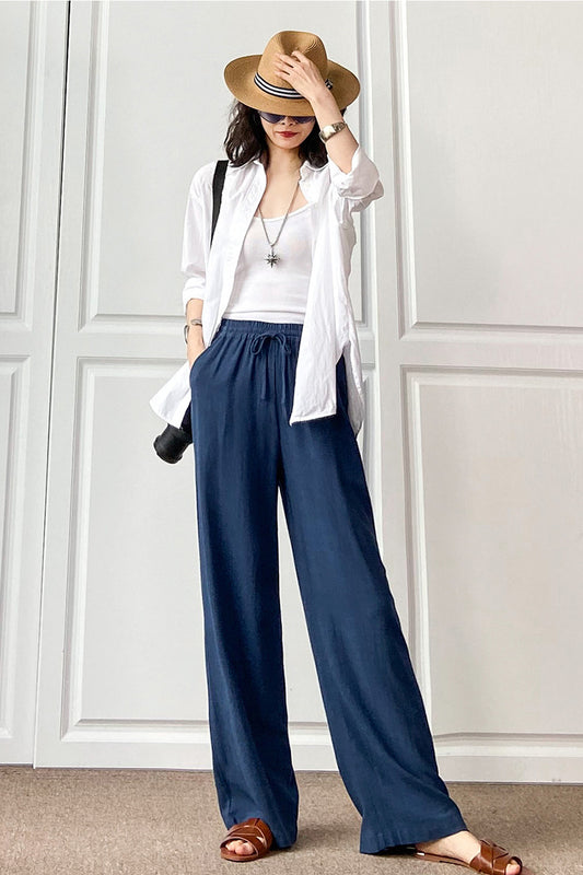Navy Cotton Linen Wide Leg Pants - Elastic Waist Casual Comfort 3497