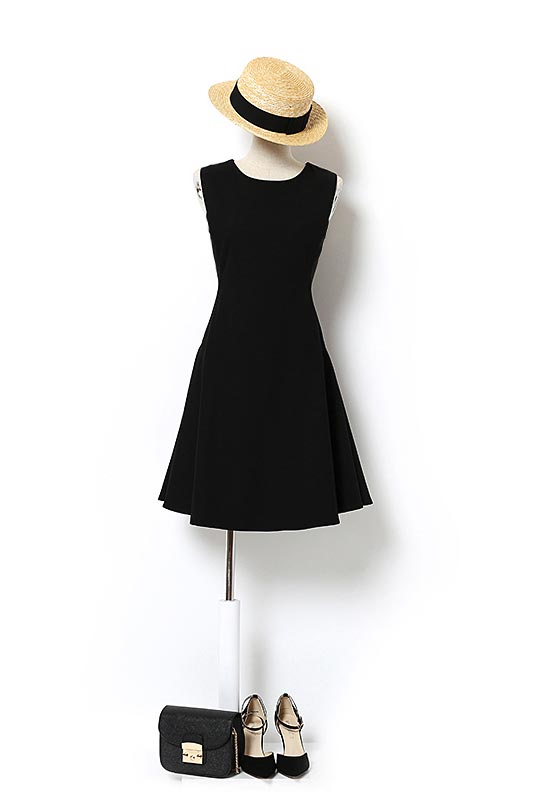 Black sleeveless, slim high-waist a-line dress 190209#