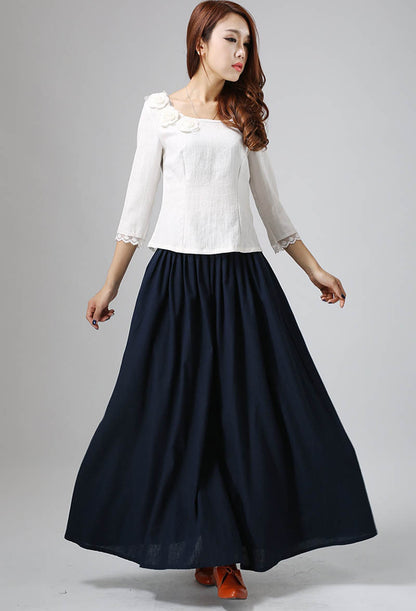 Dark blue linen maxi skirt woman's long skirt 0815#