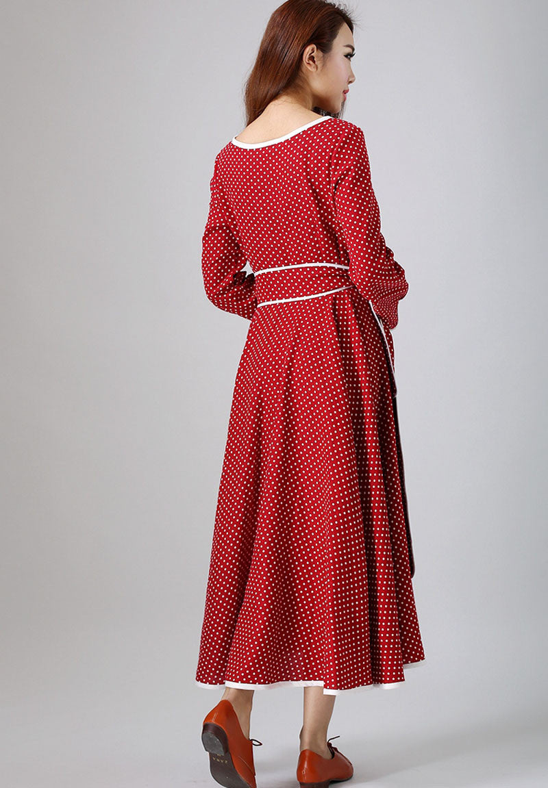 linen dress woman red and white polka dot dress custom made maxi dress (786)