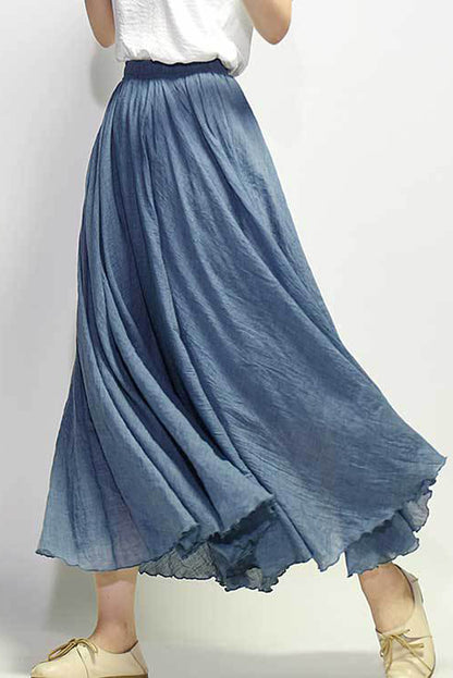 Blue Linen Cotton Maxi Skirt - Flowy Elastic Waist 2718