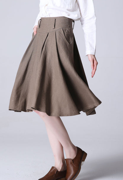 Beige Linen Midi Skirt - Pleated, Wide Waistband 1193