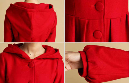 Red Hooded Wool Coat – Single-Breasted Winter Short Coat with Pockets | Xiaolizi  0333