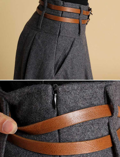 Dark Gray Wool Mini Skirt – Vintage Asymmetrical Pleated Skirt with Pockets 0359