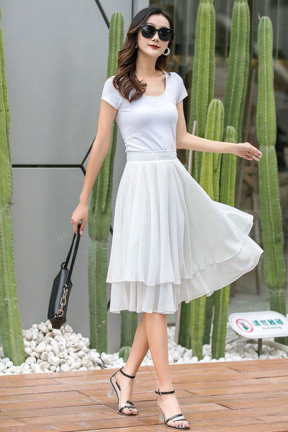 White Chiffon Midi Skirt - Layered Flare Skater Silhouette 3541