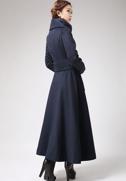 Navy Blue Wool Military Coat – Vintage Long Winter Overcoat with Silver Buttons 0701