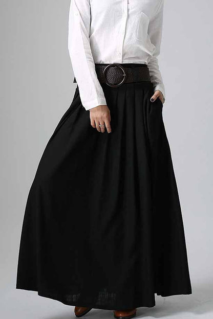 Handmade Navy Blue Linen Maxi Skirt – High Waist with Pockets 1046