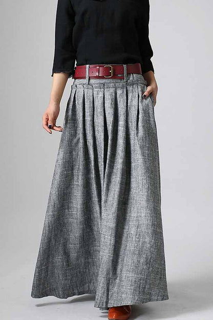 Handmade Navy Blue Linen Maxi Skirt – High Waist with Pockets 1046