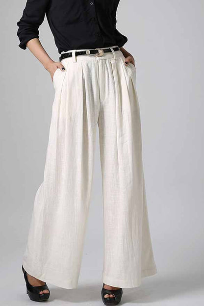 White Linen Cotton Palazzo Pants - Wide Leg Ankle | Xiaolizi 0916