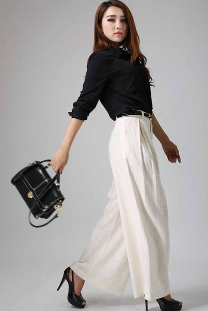 White Linen Cotton Palazzo Pants - Wide Leg Ankle | Xiaolizi 0916