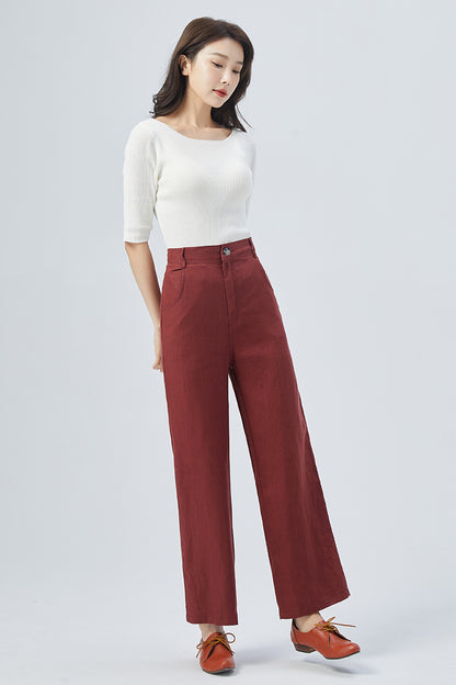 Red Linen Wide-Leg Pants - High Waist Straight Cut | Xiaolizi 4156