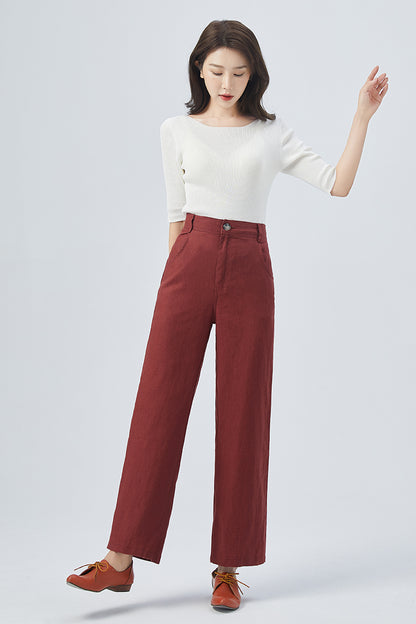 Red Linen Wide-Leg Pants - High Waist Straight Cut | Xiaolizi 4156