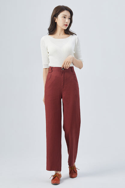 Red Linen Wide-Leg Pants - High Waist Straight Cut | Xiaolizi 4156