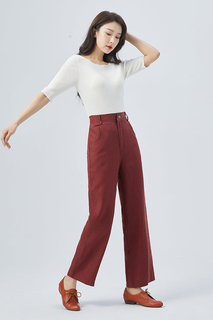 Red Linen Wide-Leg Pants - High Waist Straight Cut | Xiaolizi 4156