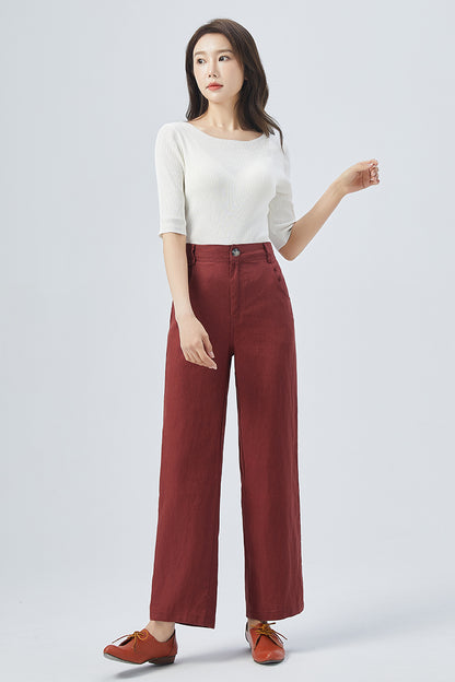 Red Linen Wide-Leg Pants - High Waist Straight Cut | Xiaolizi 4156