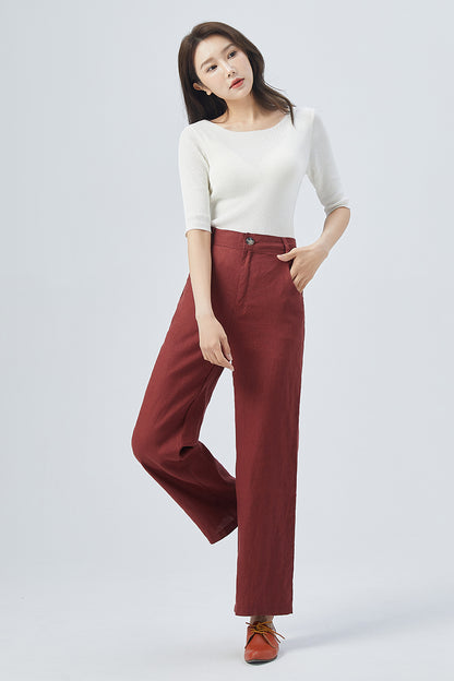 Red Linen Wide-Leg Pants - High Waist Straight Cut | Xiaolizi 4156