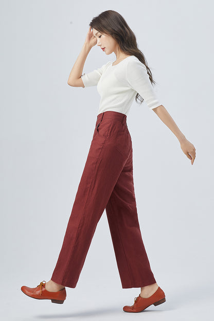 Red Linen Wide-Leg Pants - High Waist Straight Cut | Xiaolizi 4156