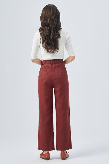 Red Linen Wide-Leg Pants - High Waist Straight Cut | Xiaolizi 4156