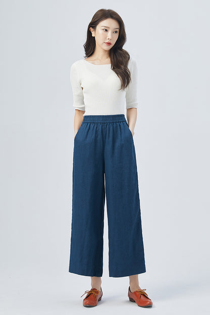 Blue Linen Wide Leg Pants - Elastic Waist, Relaxed Fit 4153
