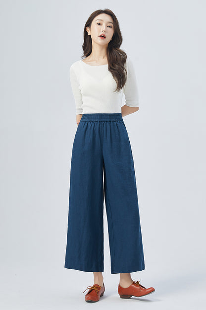 Blue Linen Wide Leg Pants - Elastic Waist, Relaxed Fit 4153