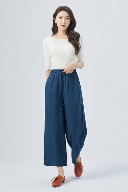Blue Linen Wide Leg Pants - Elastic Waist, Relaxed Fit 4153