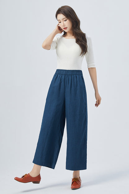 Blue Linen Wide Leg Pants - Elastic Waist, Relaxed Fit 4153