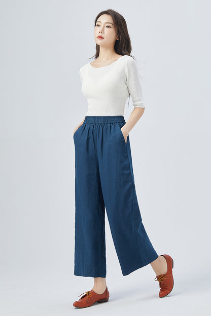 Blue Linen Wide Leg Pants - Elastic Waist, Relaxed Fit 4153