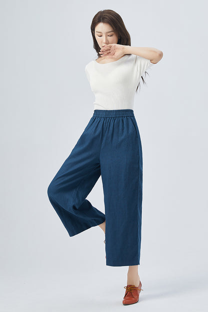 Blue Linen Wide Leg Pants - Elastic Waist, Relaxed Fit 4153