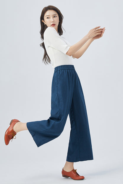 Blue Linen Wide Leg Pants - Elastic Waist, Relaxed Fit 4153
