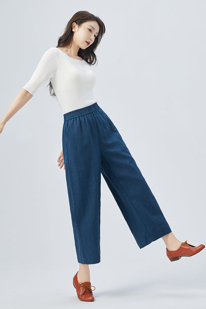 Blue Linen Wide Leg Pants - Elastic Waist, Relaxed Fit 4153