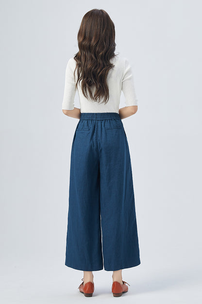 Blue Linen Wide Leg Pants - Elastic Waist, Relaxed Fit 4153