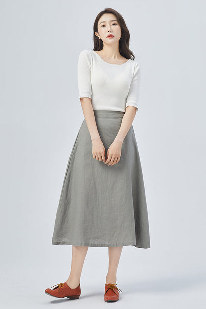 Women Gray Linen Midi Skirt 4152