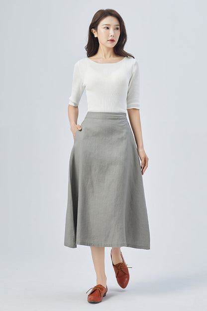 Women Gray Linen Midi Skirt 4152