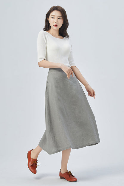 Women Gray Linen Midi Skirt 4152
